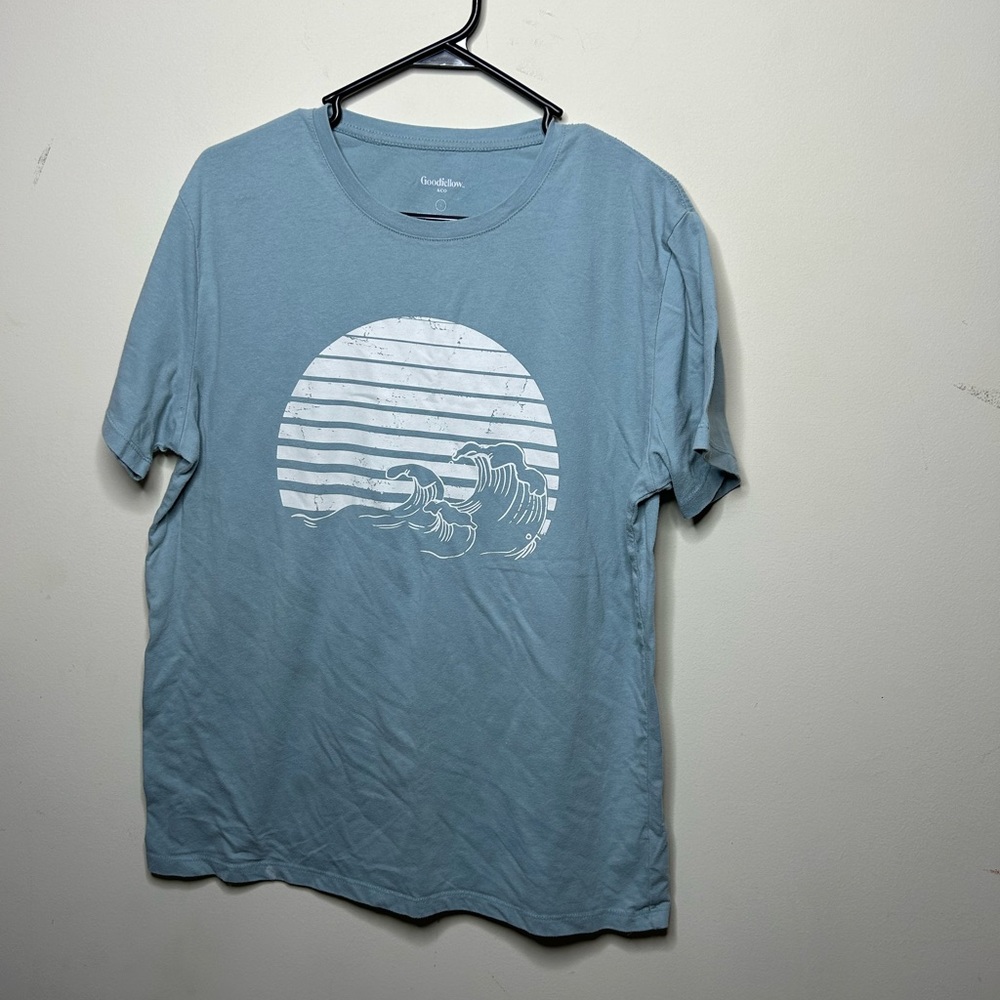 Retro Wave Ocean Short Sleeve T-Shirt Graphic Tee Blue White Size Large